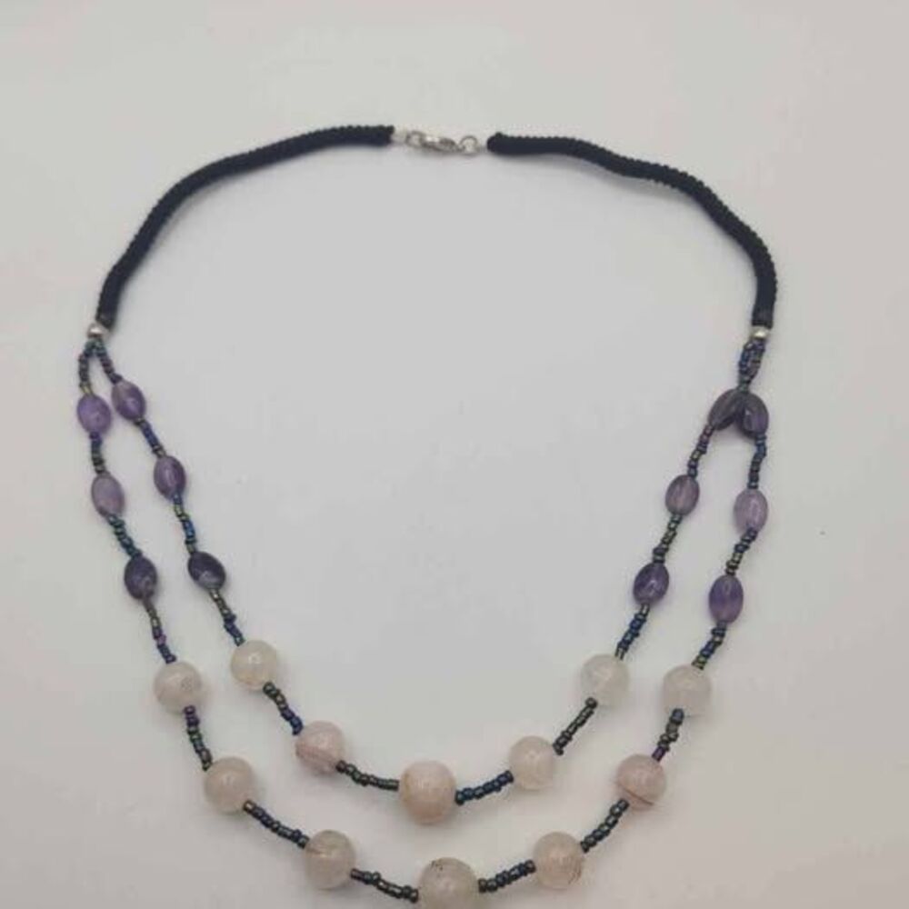 Double Strand Amethyst and Rose Quartz Beaded Necklace